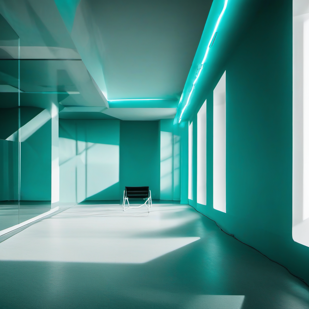 Black and white architectural gym concept with a restrained teal signal