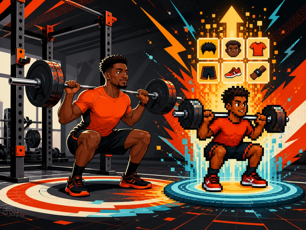 Arcade-style illustration of an athlete and pixel avatar leveling up together