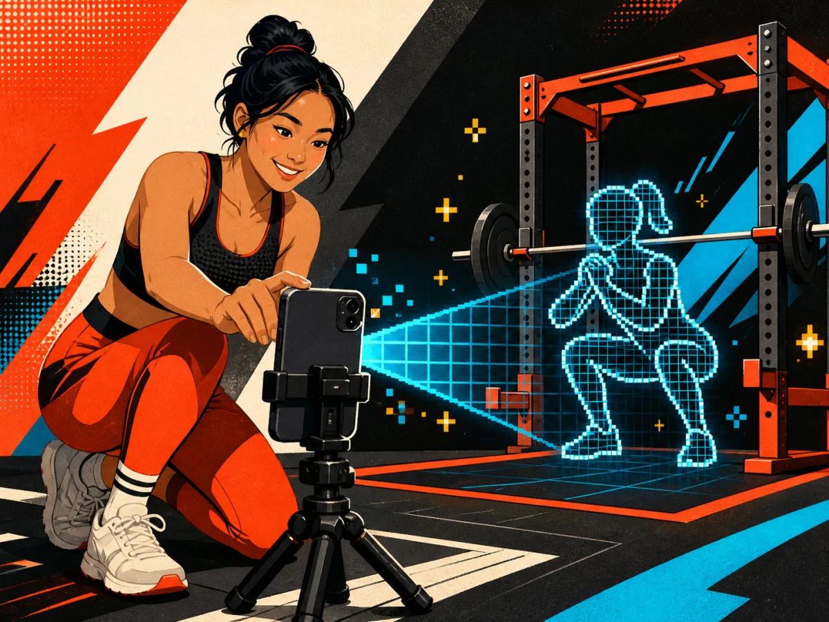 Arcade-style illustration of a woman positioning her phone on a tripod before a workout