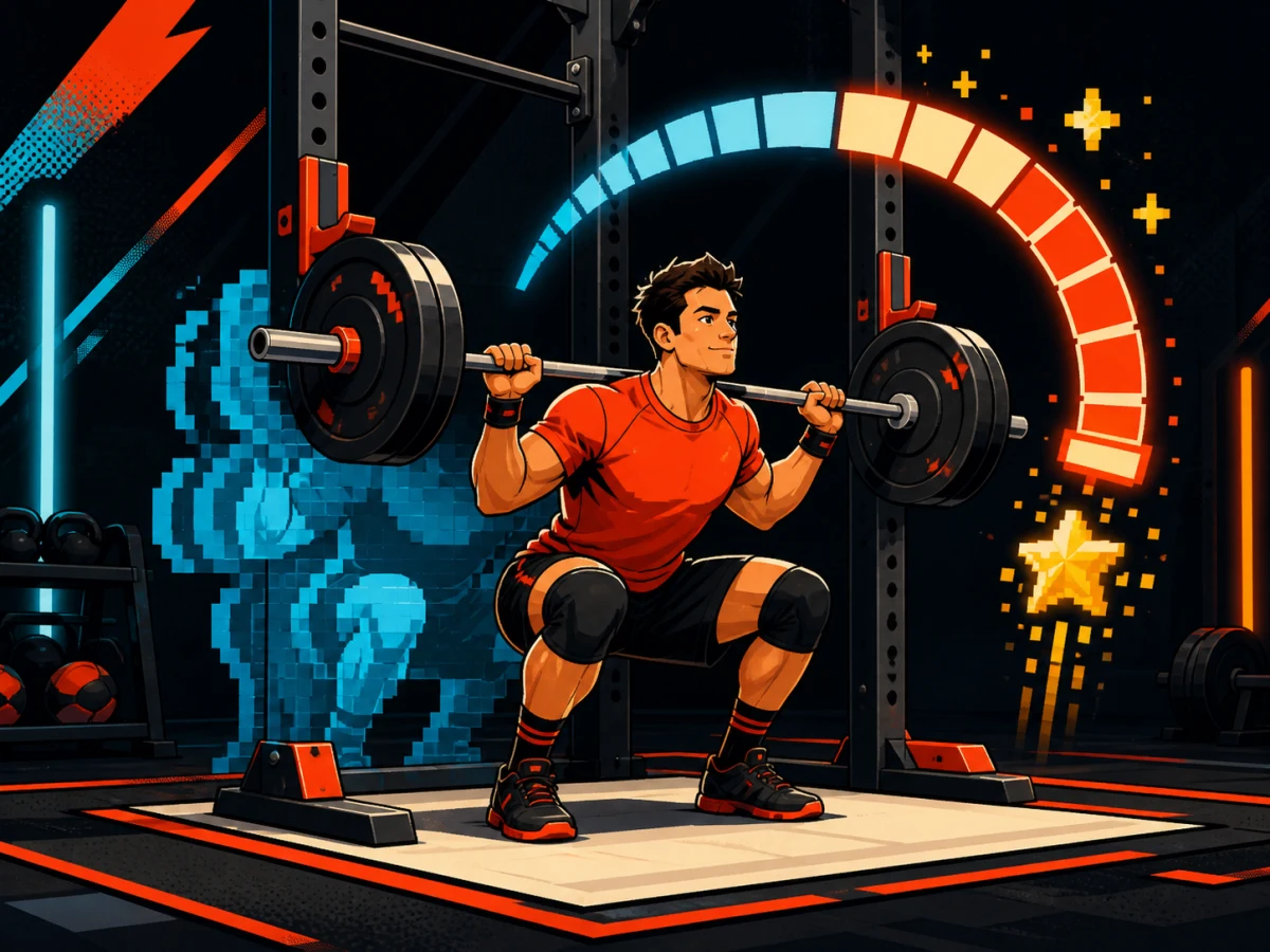 Arcade-style illustration of an athlete performing a barbell back squat with progress effects