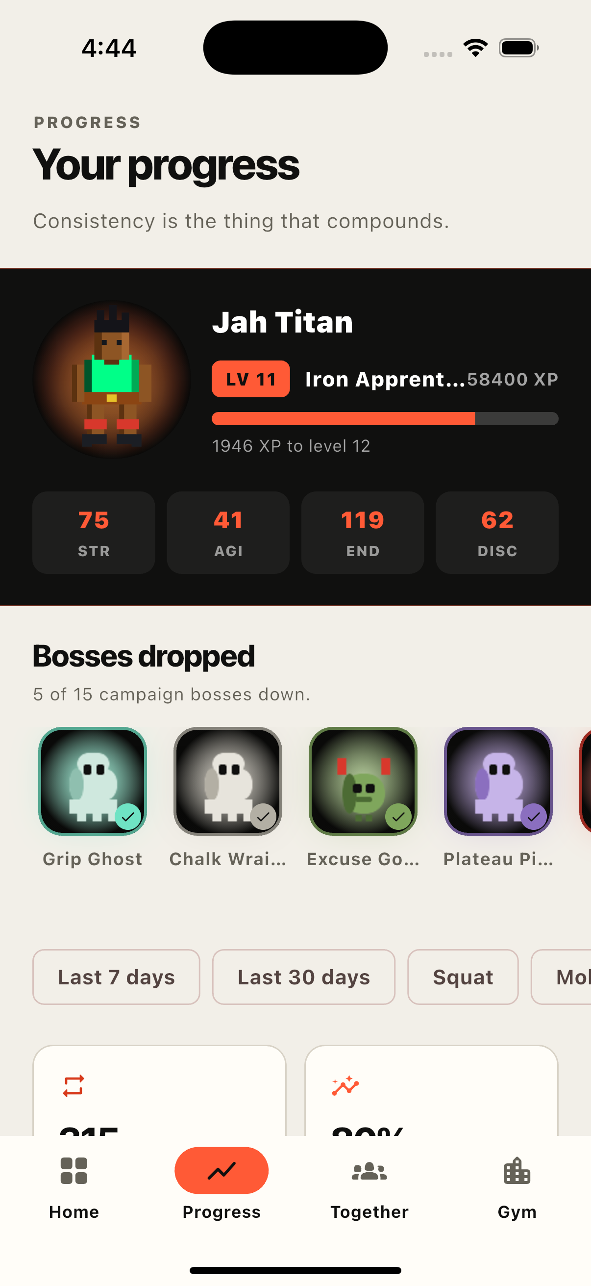 GYM LOG History and Progress with Defeated Boss Rail