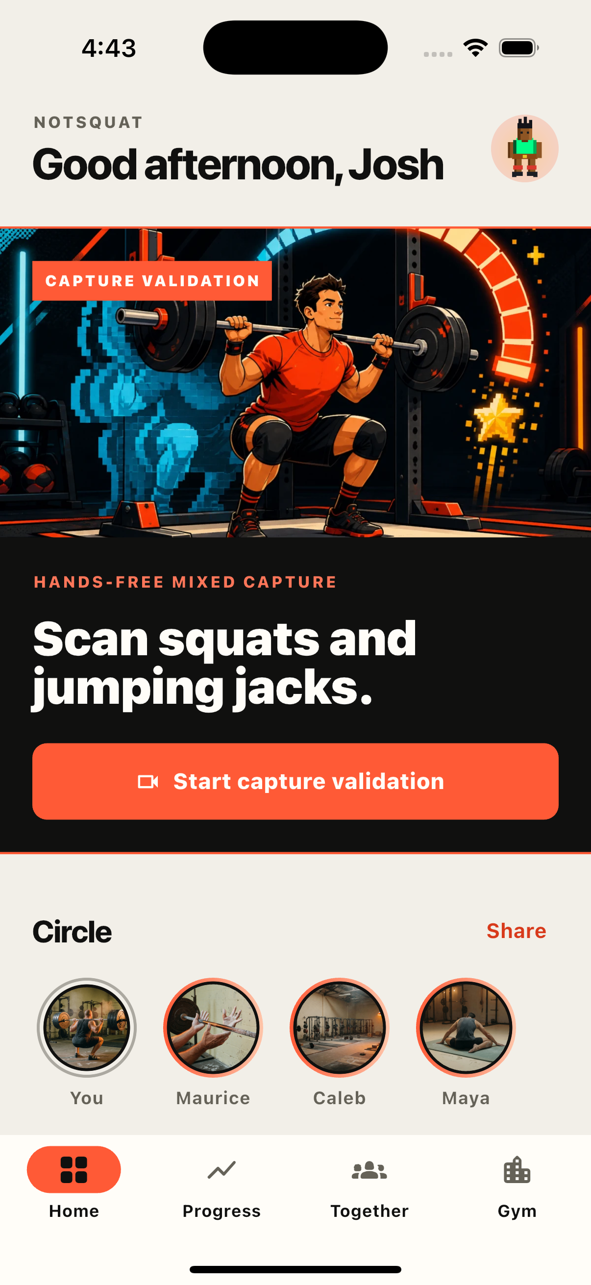 GYM LOG Home and Capture Validation Screen