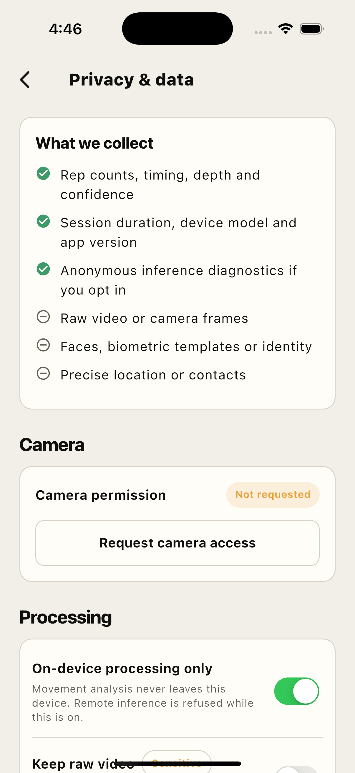 GYM LOG Privacy and Data Settings Screen