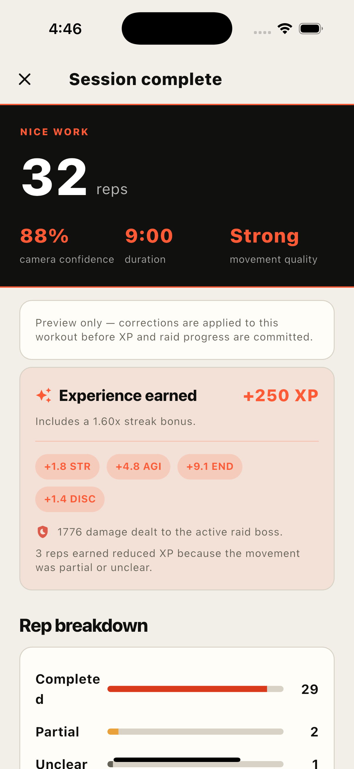 GYM LOG Workout Session Summary with 32 Reps and 250 XP
