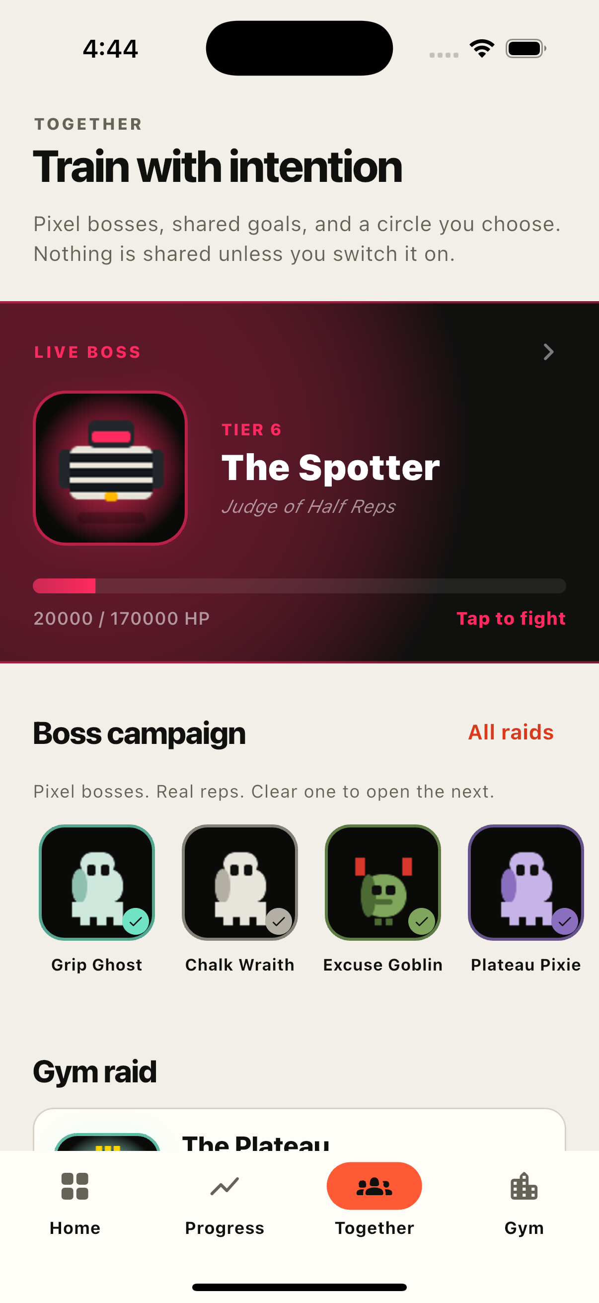 GYM LOG Together Tab Live Gym Boss Raids Screen